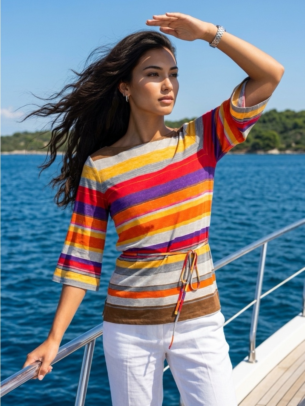 Lauren Ralph Lauren Striped Multicolor Tunic Top - Bell Sleeve -SZ M